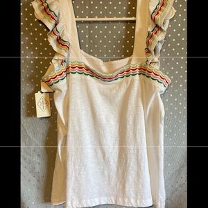 St. John’s Bay Sqr neck tank top, with embroidery on neck & ruffled cap sleeve.